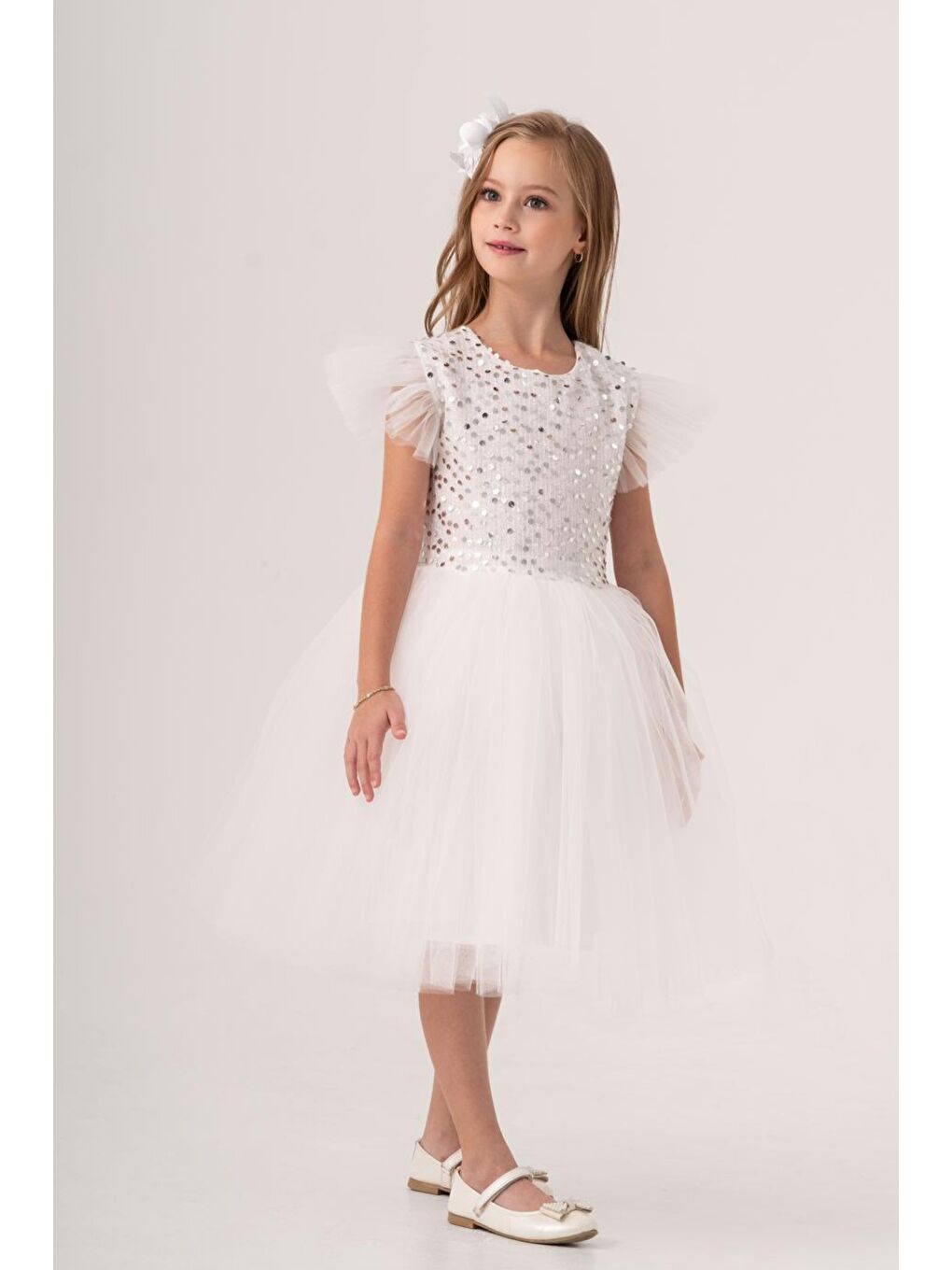 Beyaz Tüllü Kız Çocuk KPL Elbise MNK0526-3