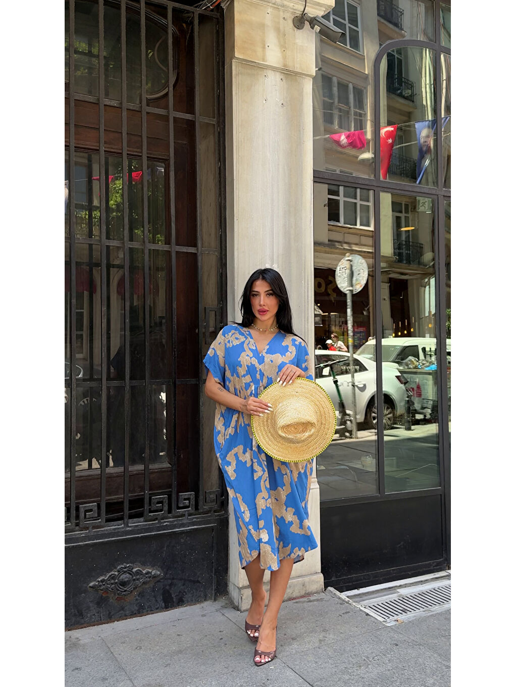 Panço Model Desenli Rahat Kalıp Viskon Elbise Mavi