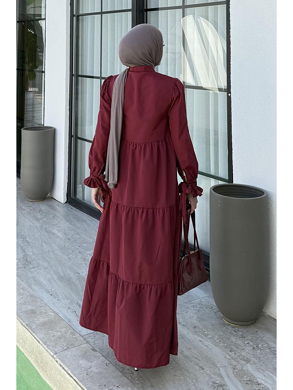 Kol Bağlama Detaylı Tesettür Elbise Bordo-3