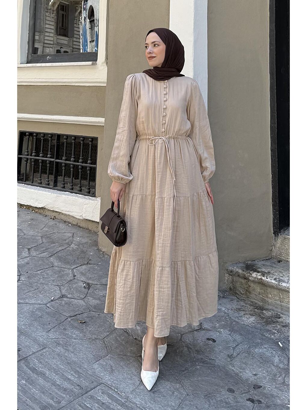 Kahverengi Bel Büzgülü Tesettür Elbise Sütlü Kahve-1