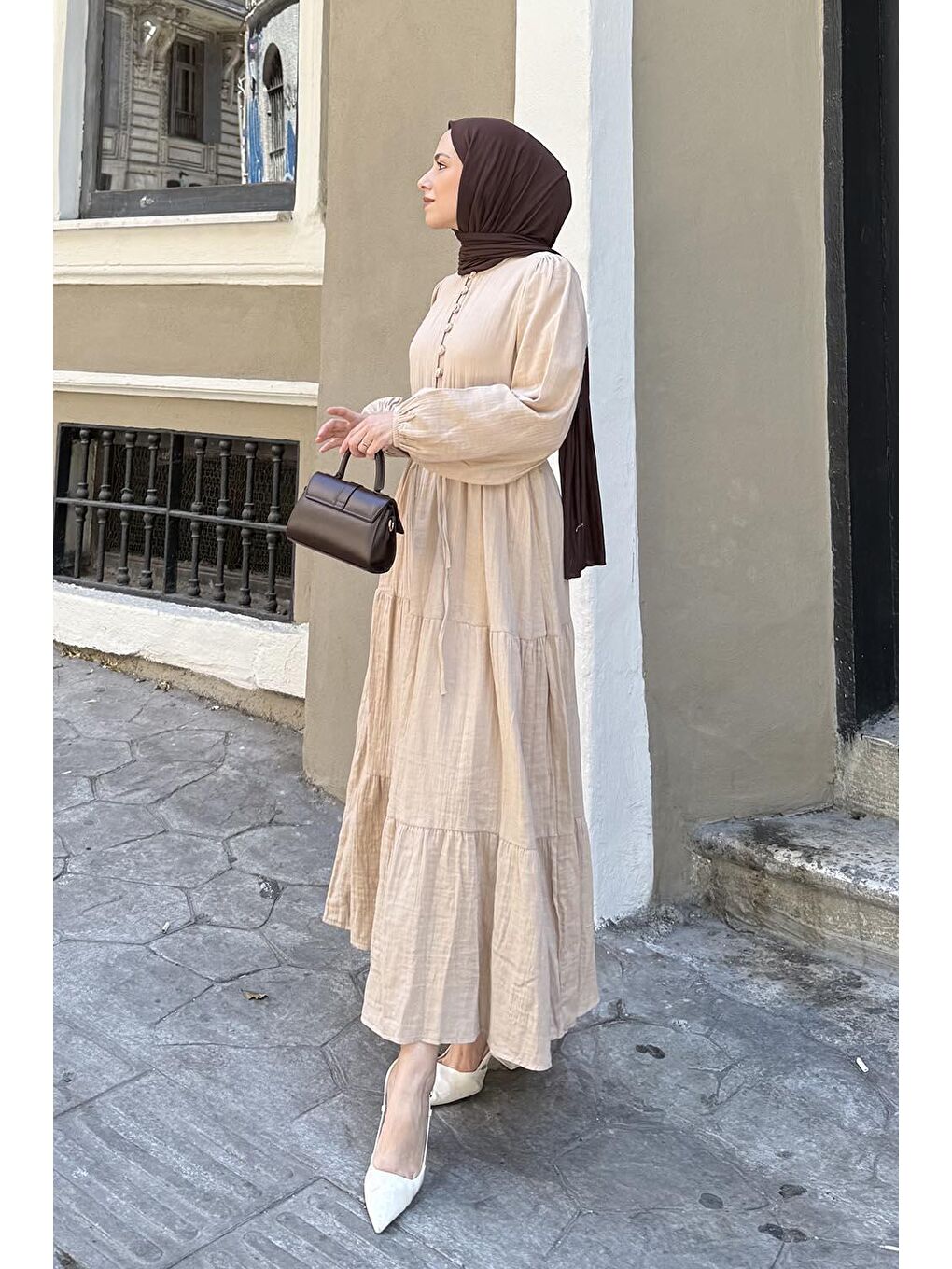 Kahverengi Bel Büzgülü Tesettür Elbise Sütlü Kahve-2