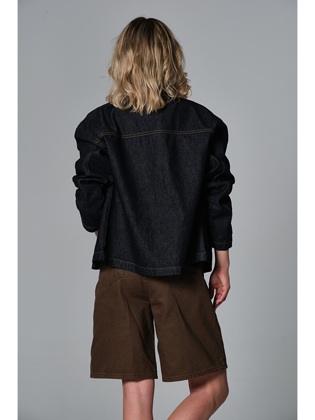 Mavi %100 Pamuk Raw Denim Jean Mont  Düğmeli Çift Cepli Kadife Yaka Kadın Jean Ceket @Messina-4