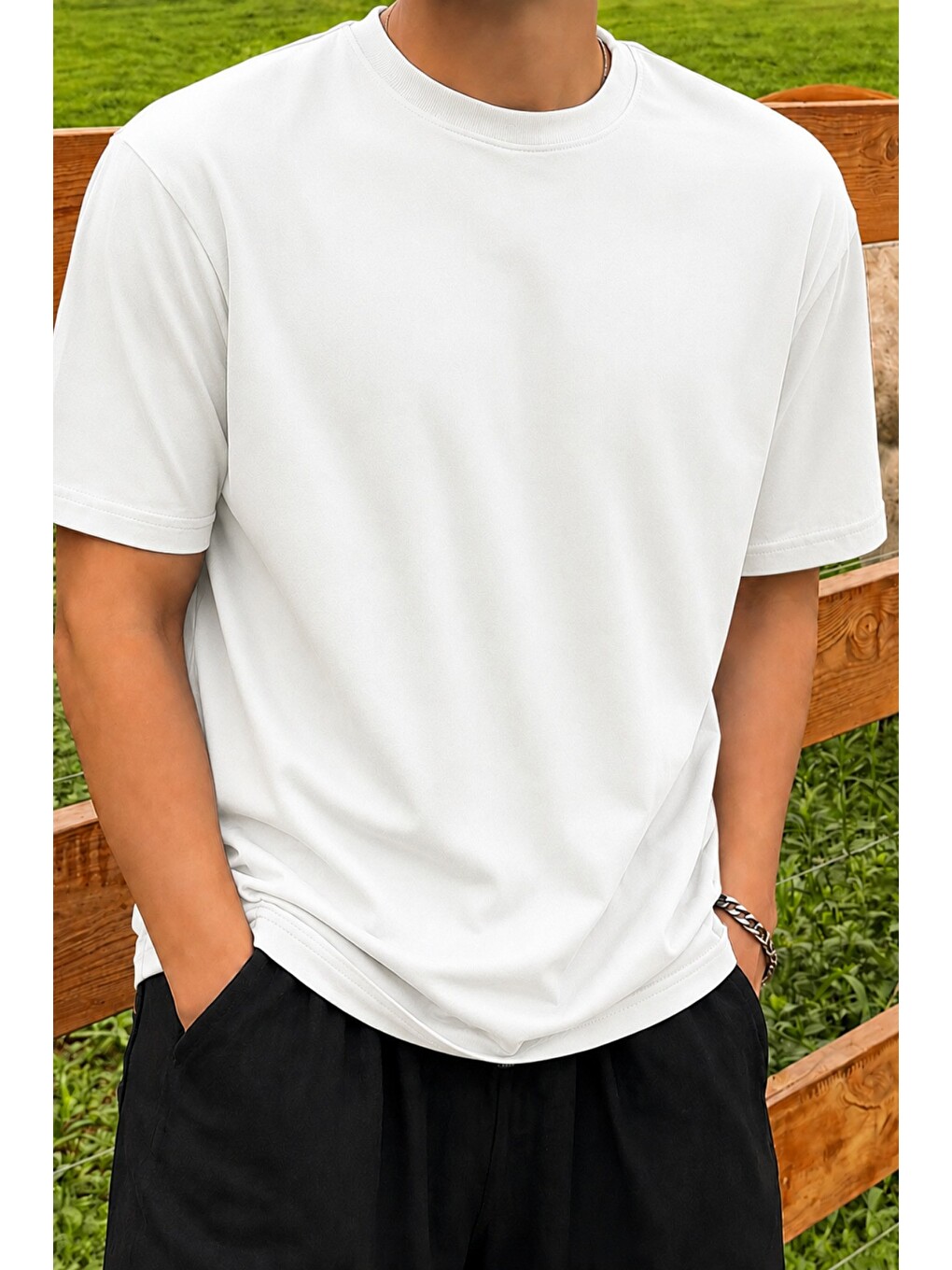 Beyaz Erkek Regular Fit Bisiklet Yaka Basic Tişört 2 İplik Şardonsuz %100 Pamuk Günlük Rahat T-Shirt