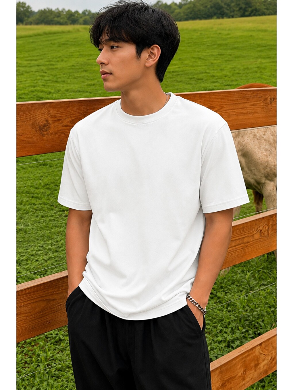 Beyaz Erkek Regular Fit Bisiklet Yaka Basic Tişört 2 İplik Şardonsuz %100 Pamuk Günlük Rahat T-Shirt-1