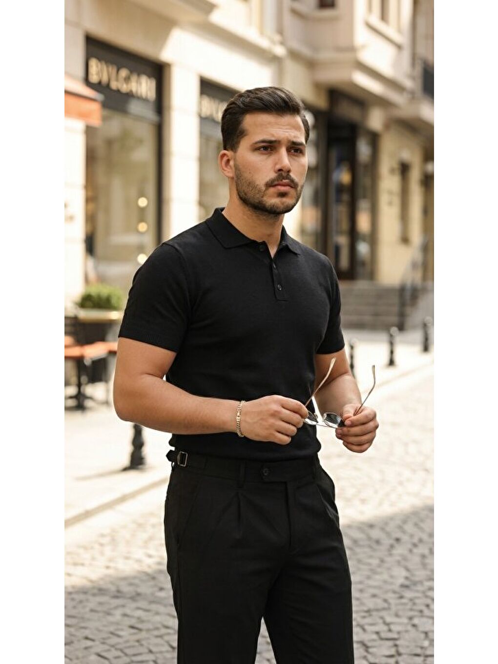 Siyah Erkek Düğme Yakalı Kısa Kollu Pamuk Triko Tişört-1