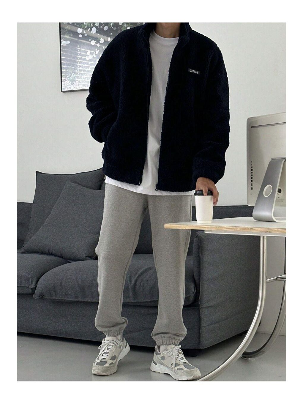 GENIUS STORE Lacivert Oversize Tam Fermuarlı Kuzu Sweatshirt İçi Polarlı Sherpa Kumaş Sweatshirt - 3