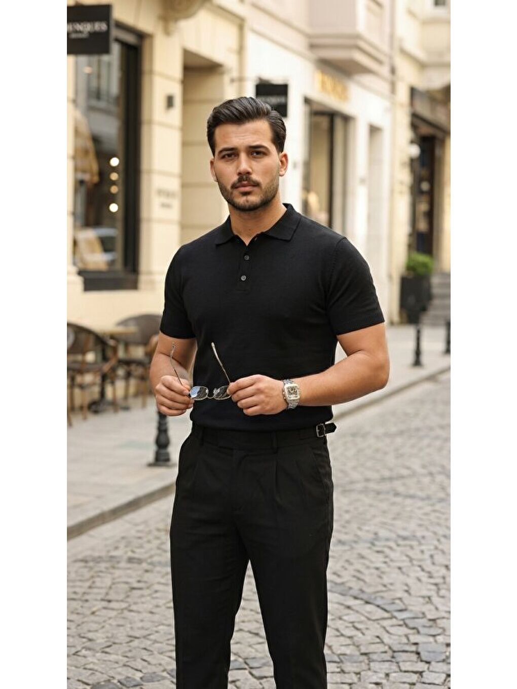 Siyah Erkek Düğme Yakalı Kısa Kollu Pamuk Triko Tişört-2