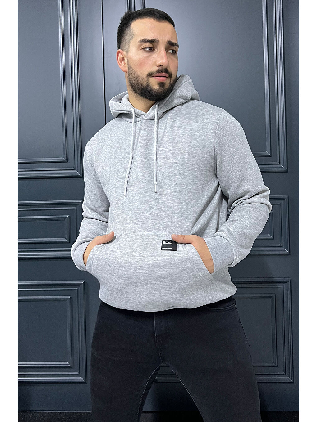 Mishar İtalia Gri Erkek Kapüşonlu Şardonlu Üç İplik Sweatshirt