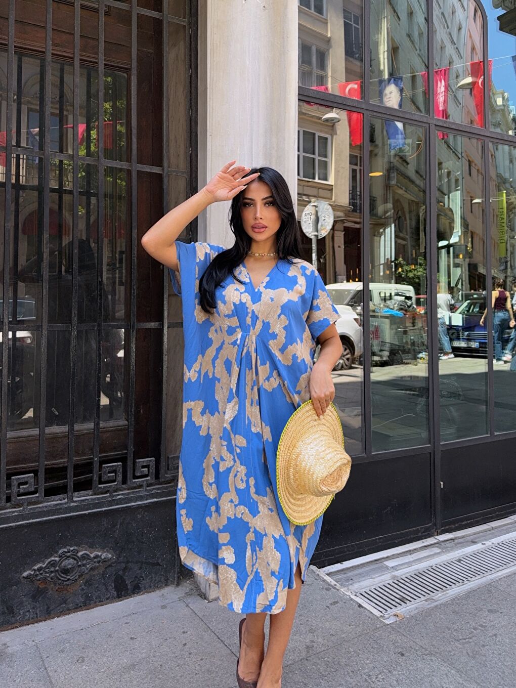 Panço Model Desenli Rahat Kalıp Viskon Elbise Mavi-1