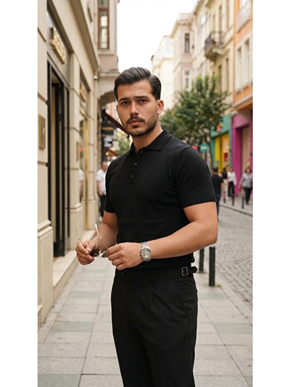 Siyah Erkek Düğme Yakalı Kısa Kollu Pamuk Triko Tişört-3