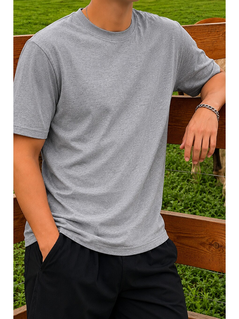 Gri Erkek Regular Fit Bisiklet Yaka Basic Tişört 2 İplik Şardonsuz %100 Pamuk Günlük Rahat T-Shirt-1
