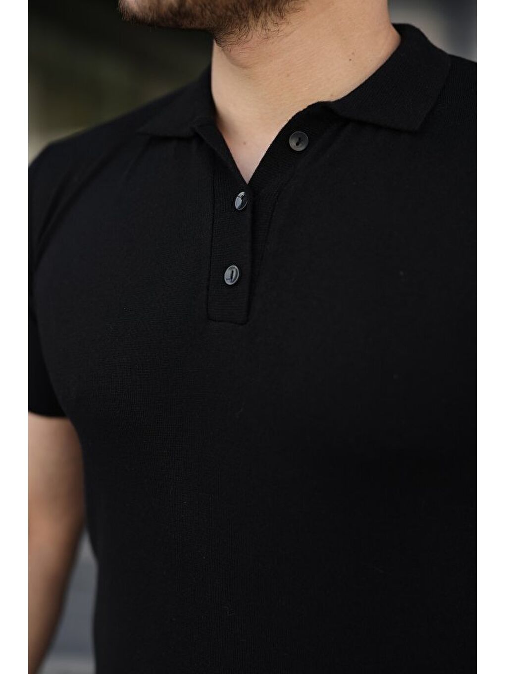 Siyah Erkek Düğme Yakalı Kısa Kollu Pamuk Triko Tişört-4