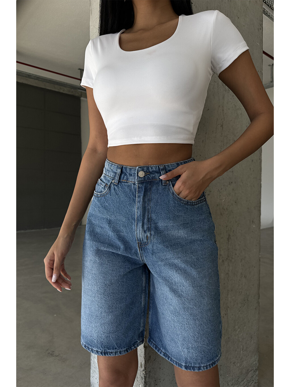 Mavi %100 Pamuk Yüksek Bel Gabardin None Denim 5 Cep Kadın Bermuda Şort @udine