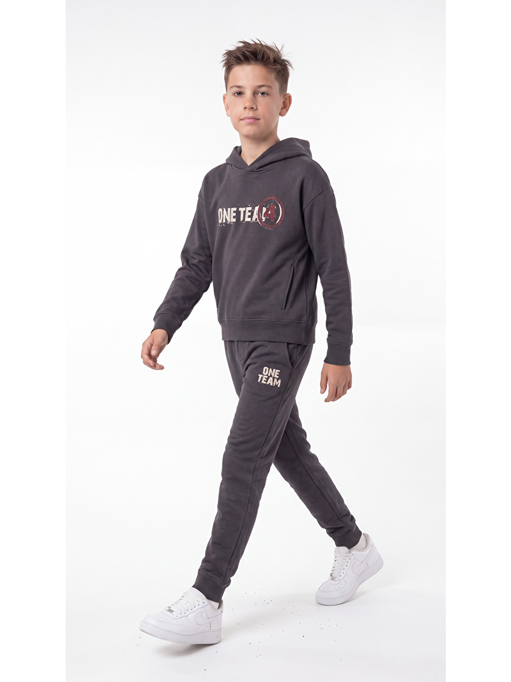 Gri One Team Baskılı Kapüşonlu Erkek Çocuk Alt Üst Eşofman Takımı-3