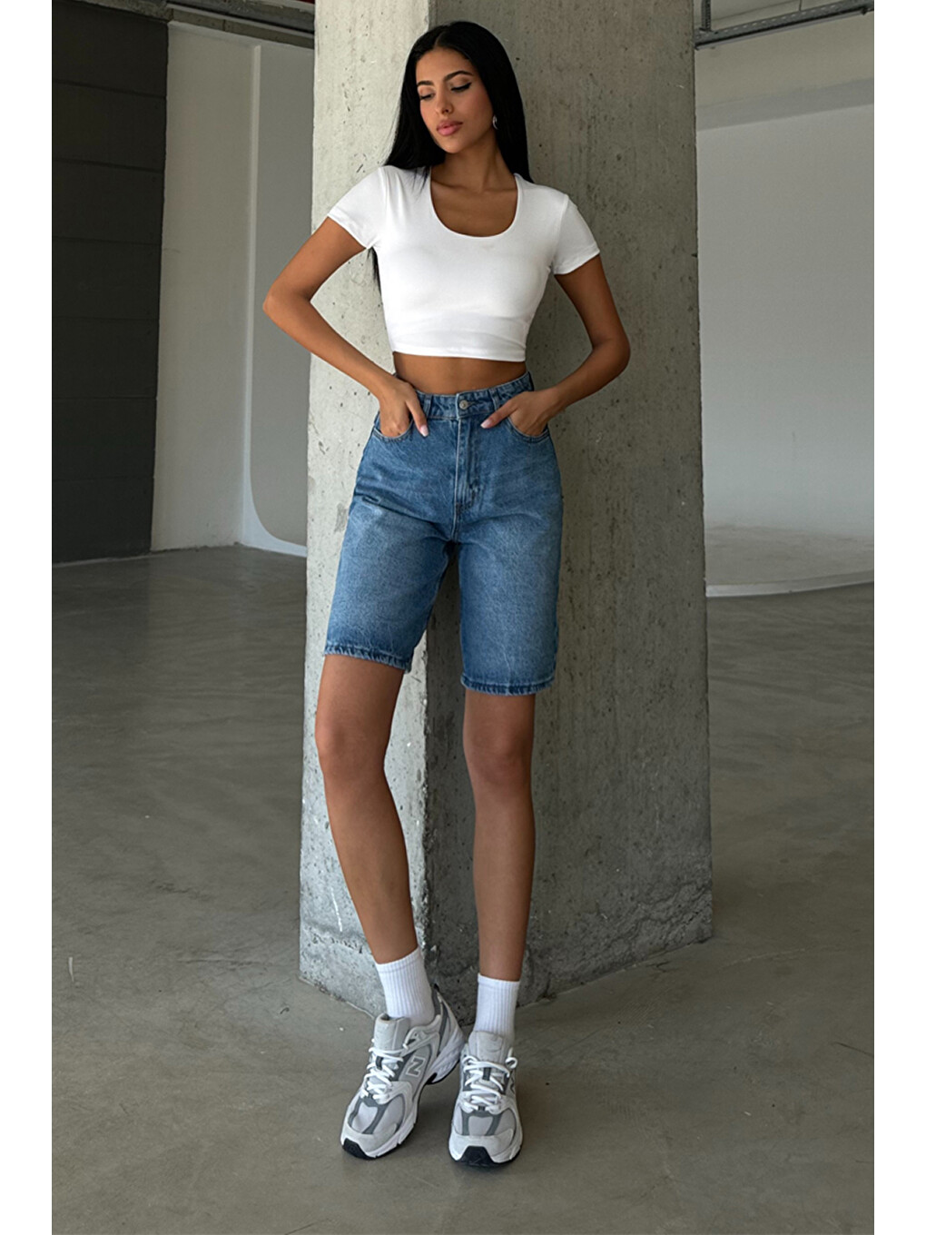 Mavi %100 Pamuk Yüksek Bel Gabardin None Denim 5 Cep Kadın Bermuda Şort @udine-1