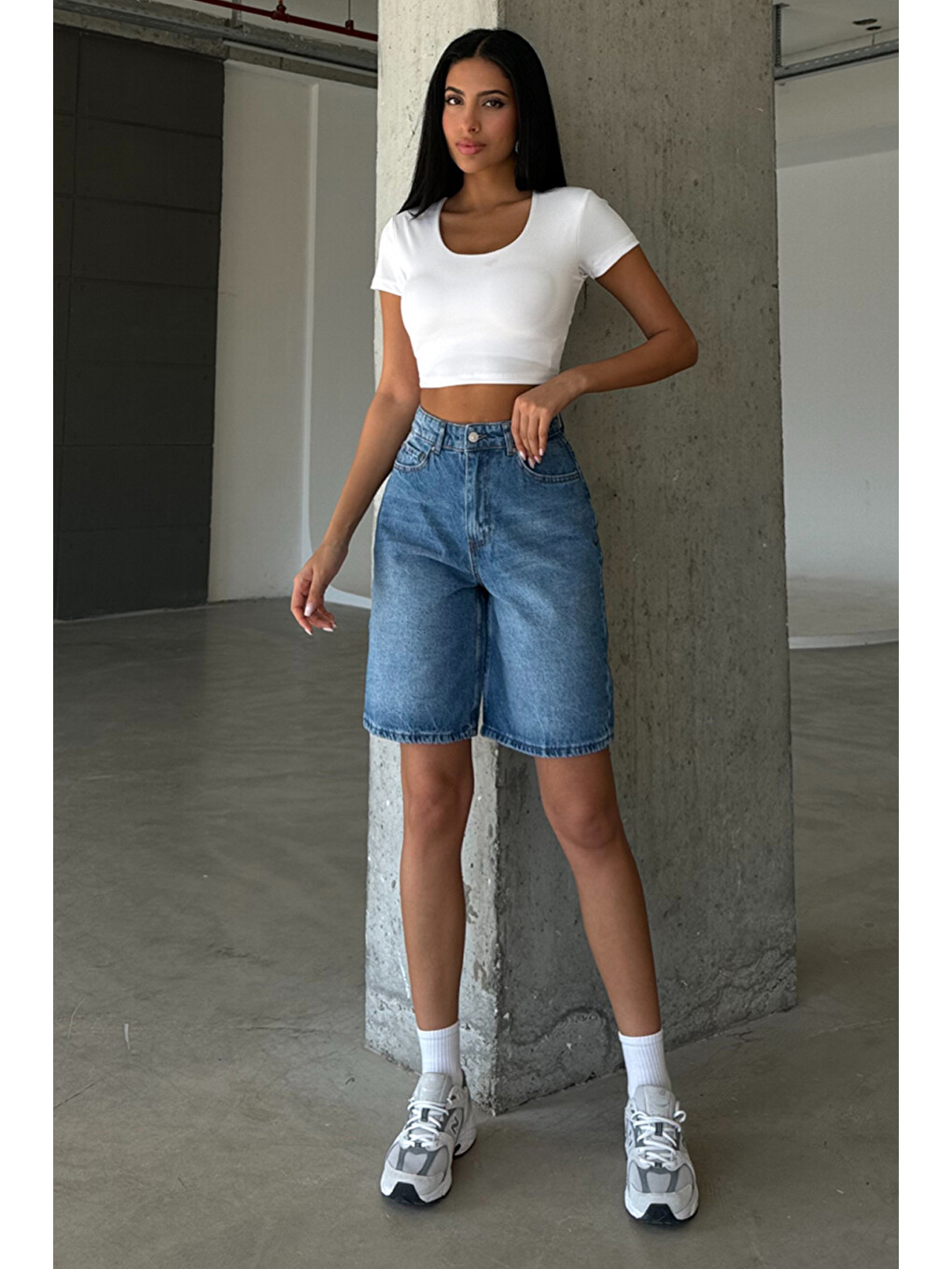 Mavi %100 Pamuk Yüksek Bel Gabardin None Denim 5 Cep Kadın Bermuda Şort @udine-3