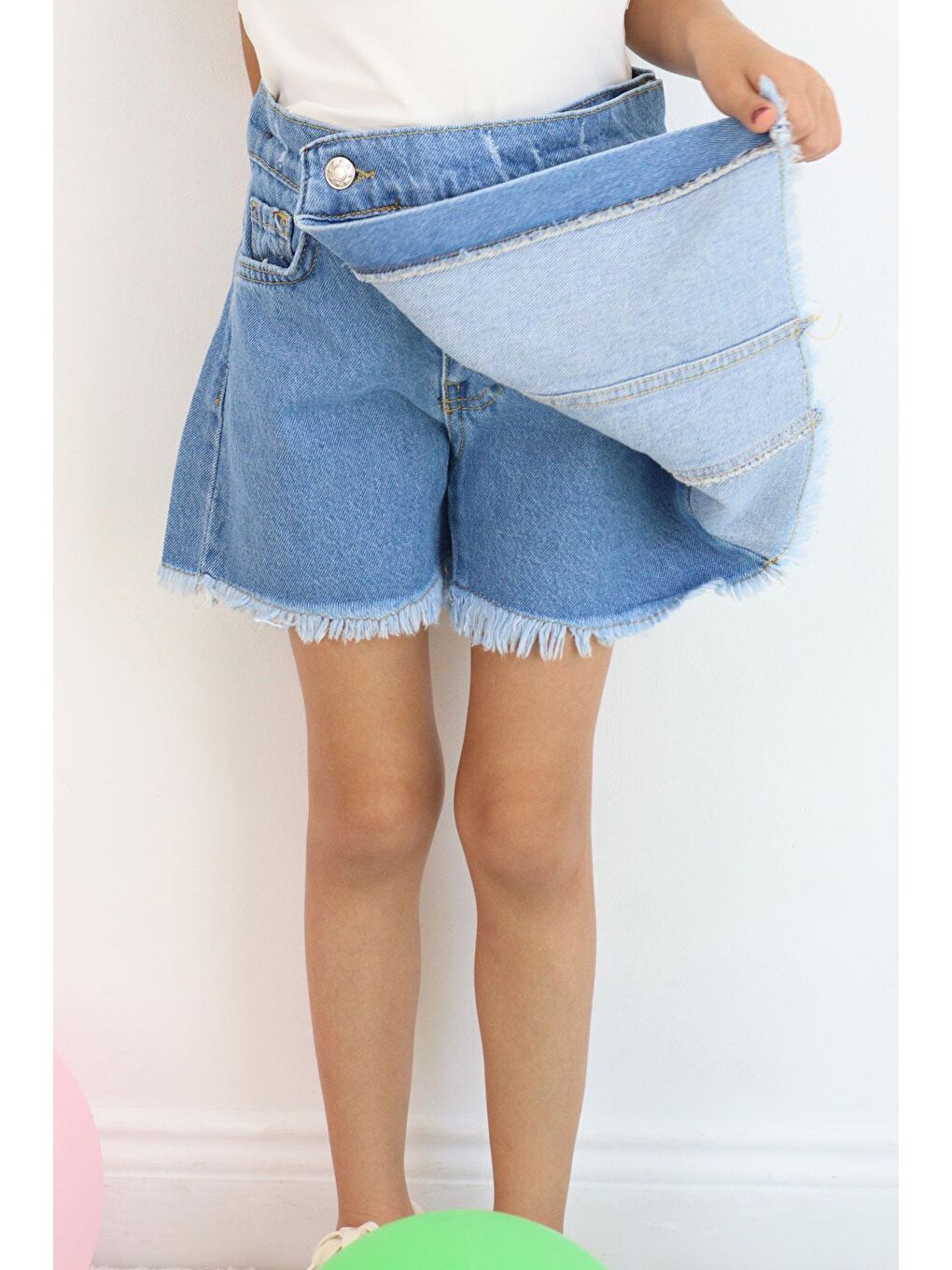 Kız Çocuk Jean Şort Etek Cep Detaylı Düğmeli Püsküllü Mavi (4-9 Yaş)-1