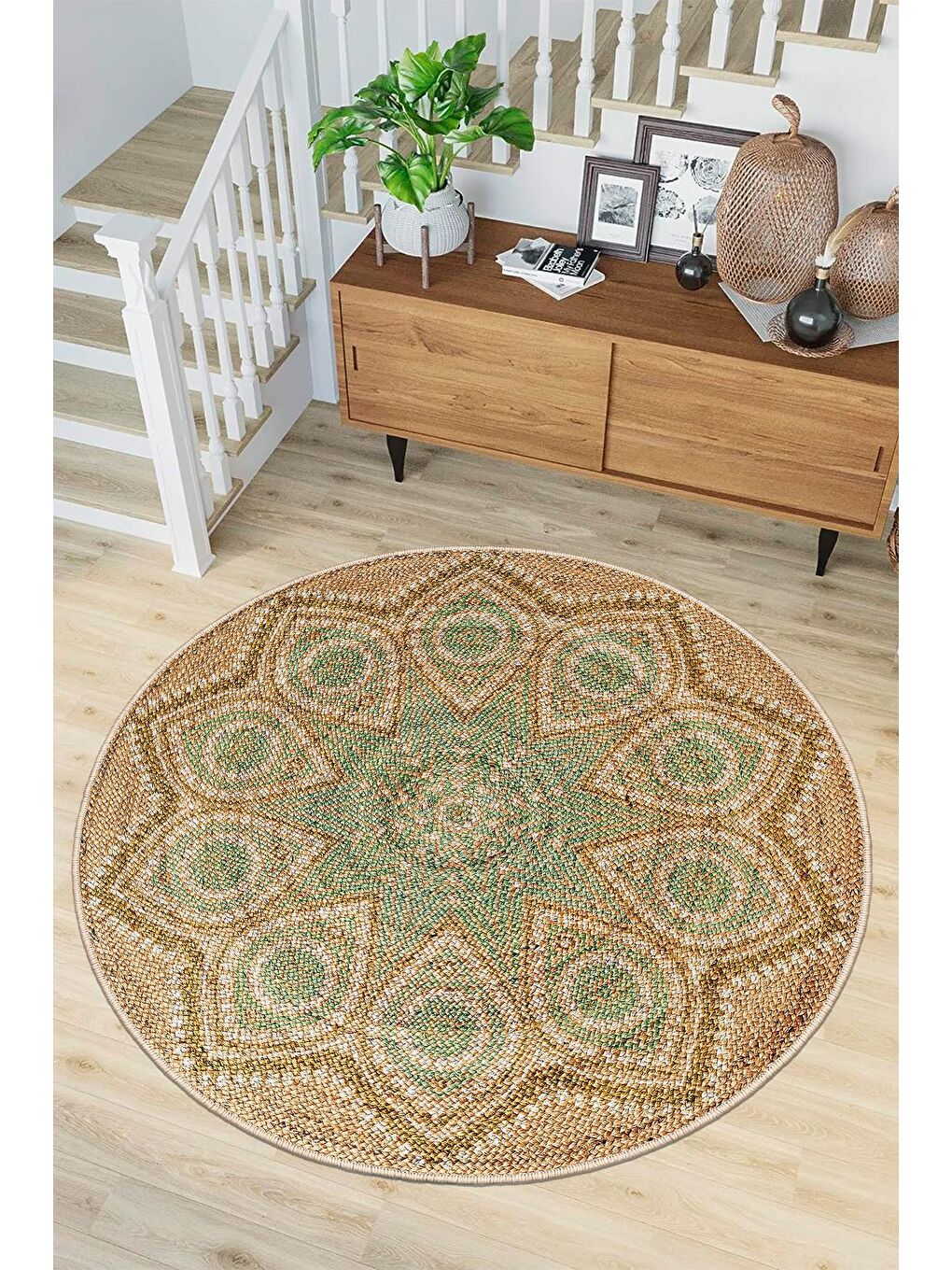 Bej Dekoratif Özel Tasarım Modern Halısı 180x180 cm-1