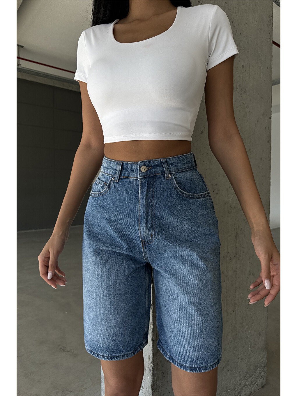 Mavi %100 Pamuk Yüksek Bel Gabardin None Denim 5 Cep Kadın Bermuda Şort @udine-5