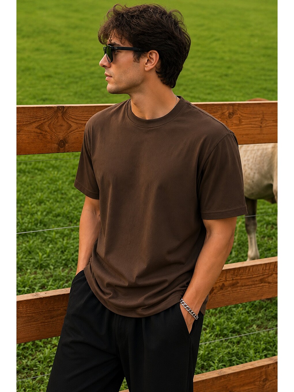 Kahverengi Erkek Regular Fit Bisiklet Yaka Basic Tişört 2 İplik Şardonsuz %100 Pamuk Günlük Rahat T-Shirt-1