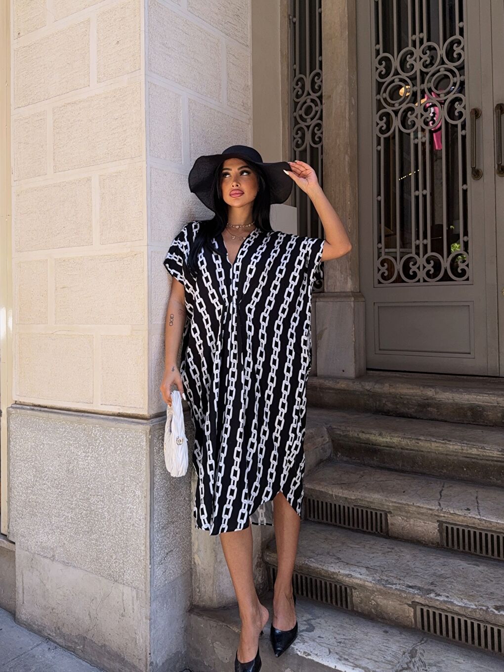 Panço Model Desenli Rahat Kalıp Viskon Elbise Siyah-1