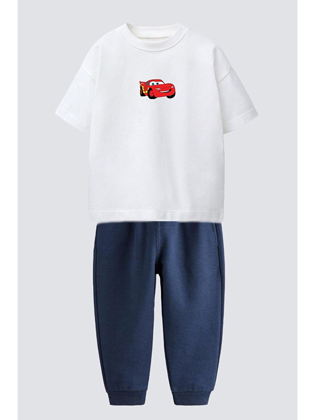 Erkek Çocuk Ekru Pamuklu Araba Baskılı T-Shirt Ve Lacivert Eşofman 2'Li Takım-1