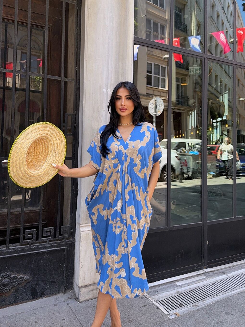 Panço Model Desenli Rahat Kalıp Viskon Elbise Mavi-2