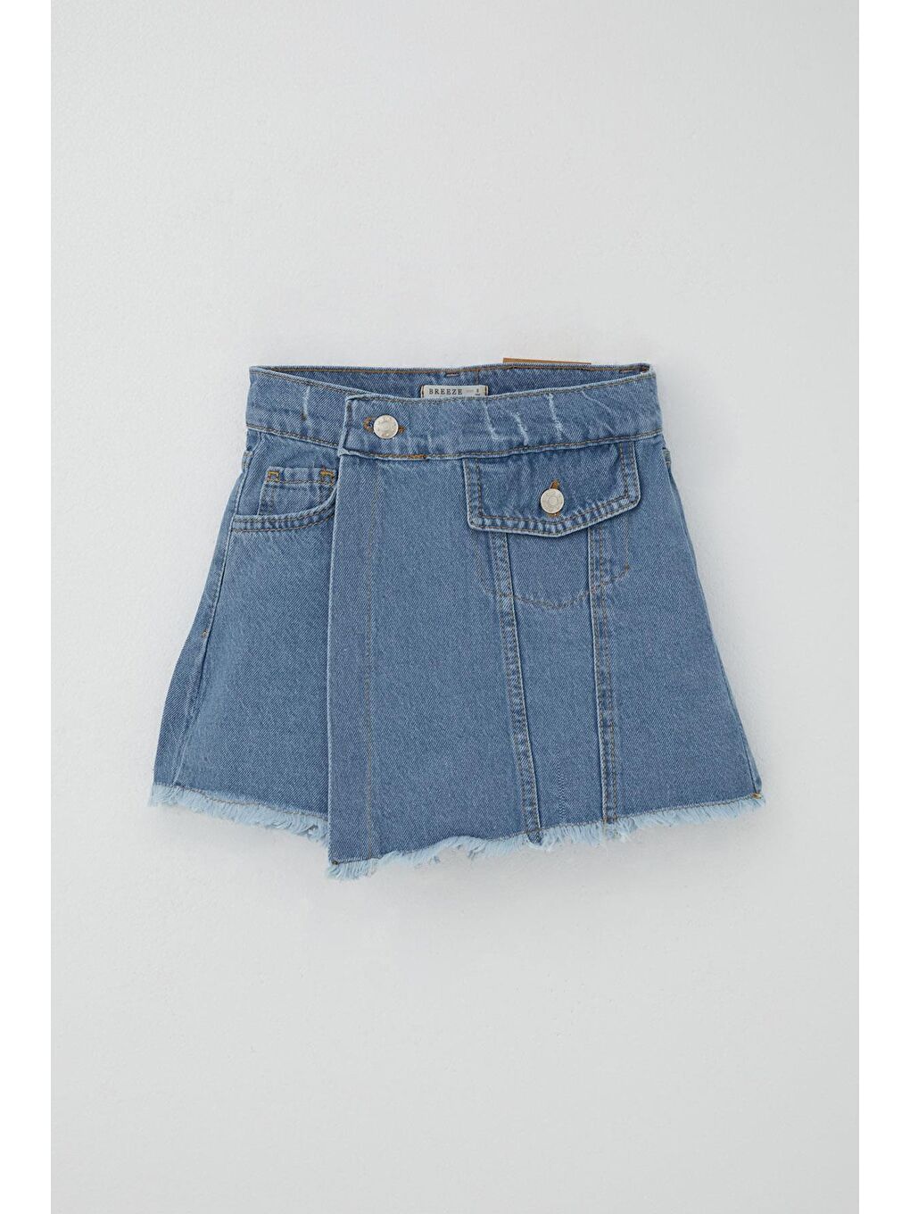 Kız Çocuk Jean Şort Etek Cep Detaylı Düğmeli Püsküllü Mavi (4-9 Yaş)-5