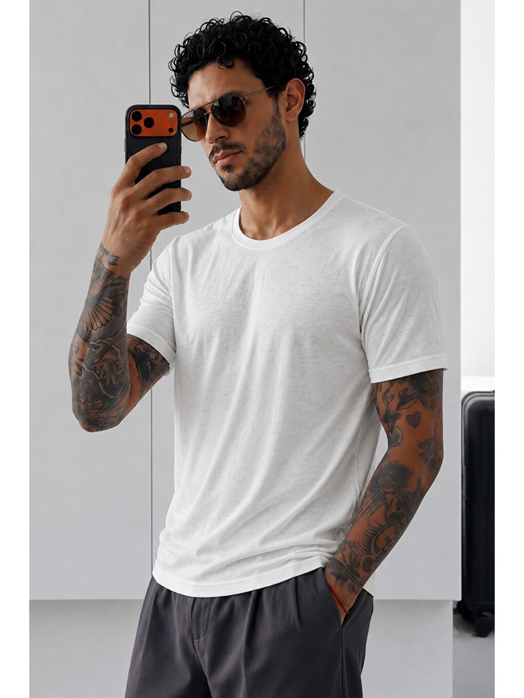 Beyaz Erkek Flamlı Pamuklu Bisiklet Yaka Basic Slim Fit Tişört Yazlık Günlük Tişört-1
