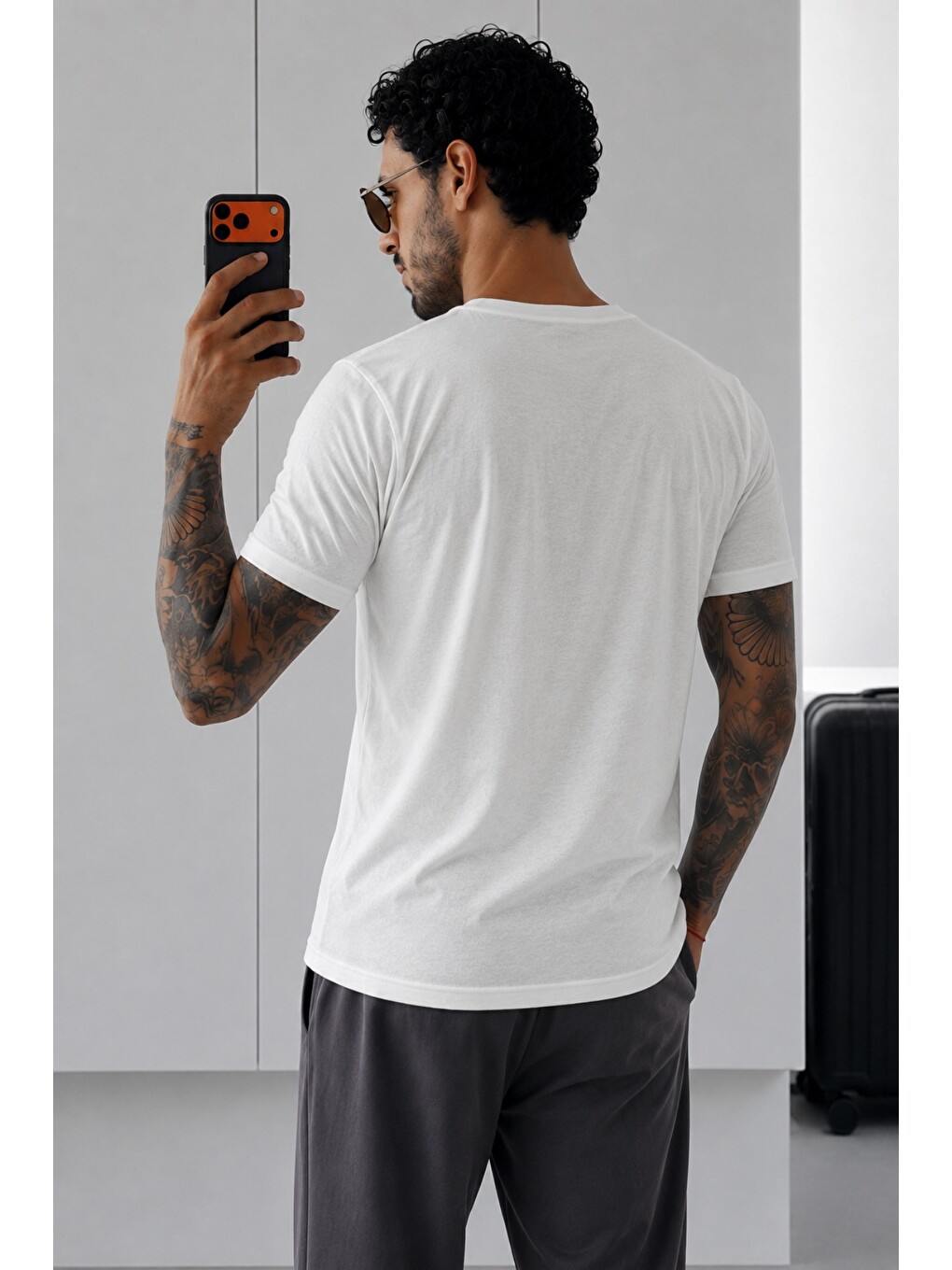 Beyaz Erkek Flamlı Pamuklu Bisiklet Yaka Basic Slim Fit Tişört Yazlık Günlük Tişört-2
