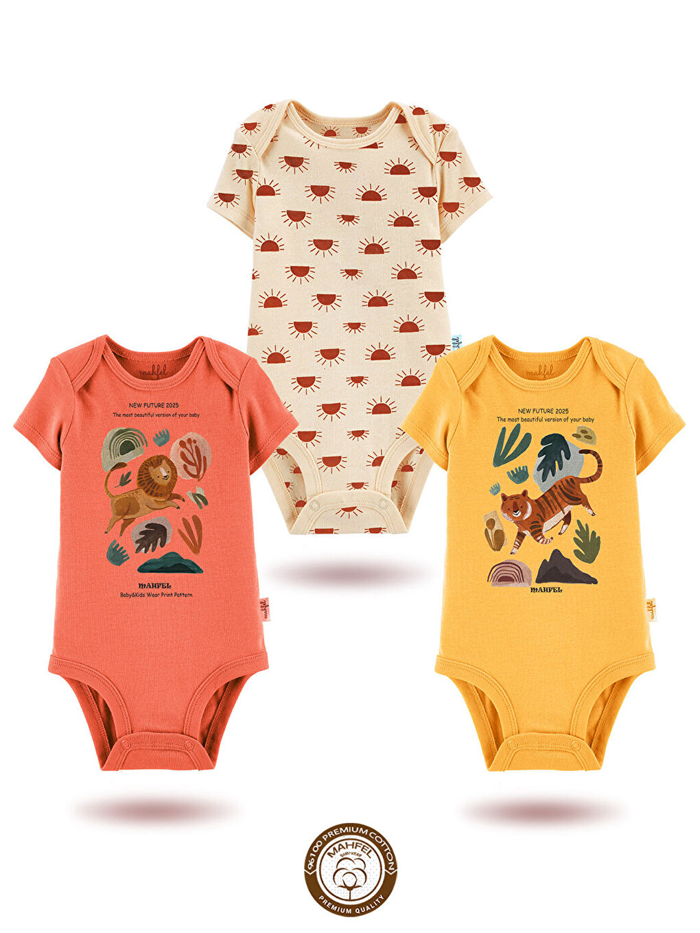 Kahverengi 3'lü %100 Pamuklu Organik Baskılı Kısa Kollu Çıtçıtlı Bebek Body Zıbın 750-788