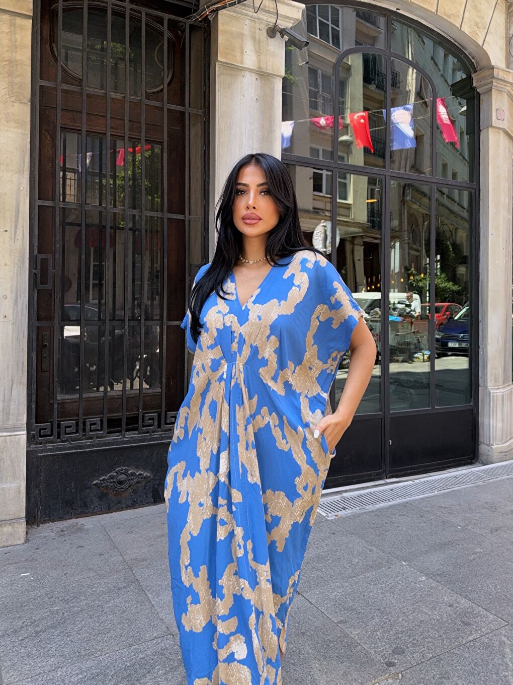 Panço Model Desenli Rahat Kalıp Viskon Elbise Mavi-3