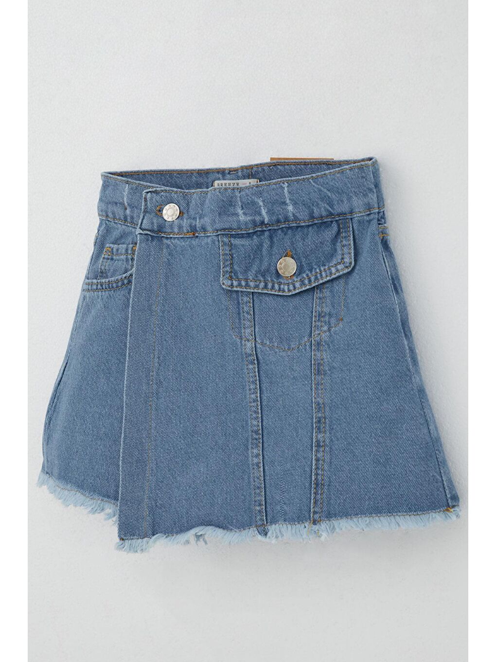 Kız Çocuk Jean Şort Etek Cep Detaylı Düğmeli Püsküllü Mavi (4-9 Yaş)-7