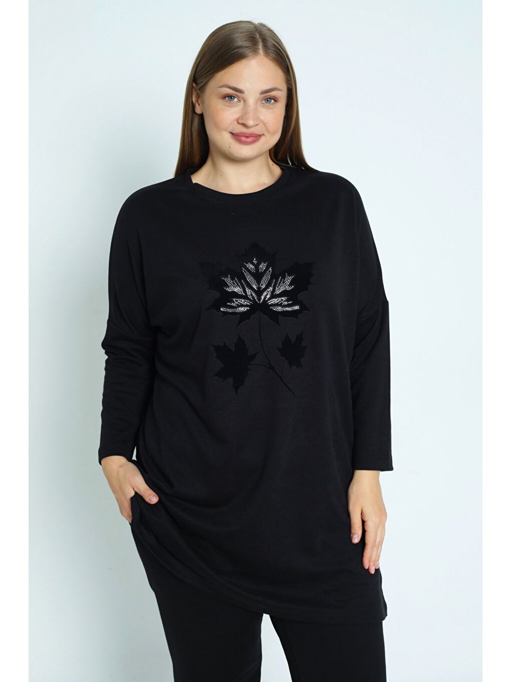 Kadın Siyah Büyük Beden Taş Detaylı Pamuklu Cepli Uzun Kollu Alt Üst Takım-2