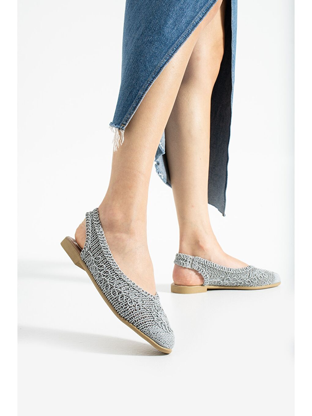 Gri ELORA Hasır Dantel Babet Kadın Sandalet Yazlık Rahat Ayakkabı-1