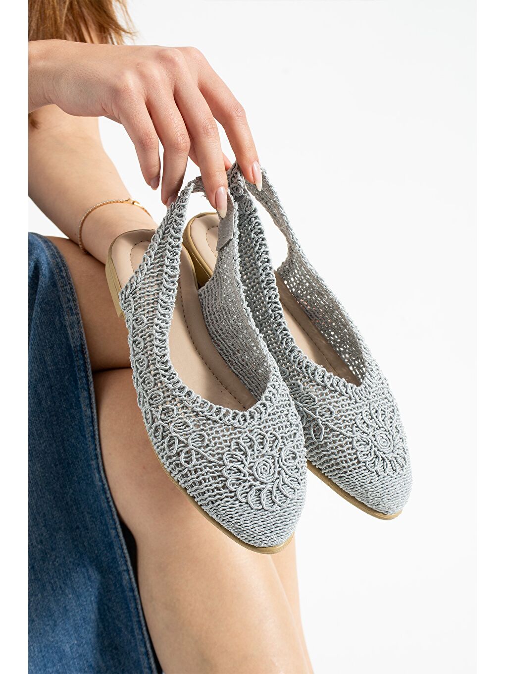 Gri ELORA Hasır Dantel Babet Kadın Sandalet Yazlık Rahat Ayakkabı-2