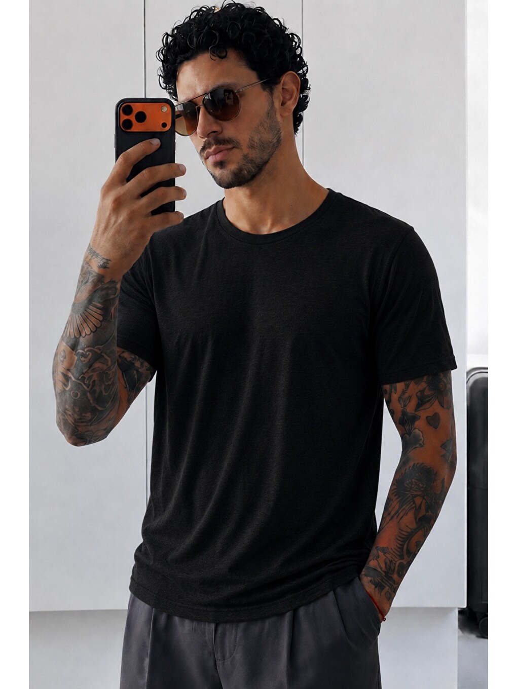 Siyah Erkek Flamlı Pamuklu Bisiklet Yaka Basic Slim Fit Tişört Yazlık Günlük Tişört