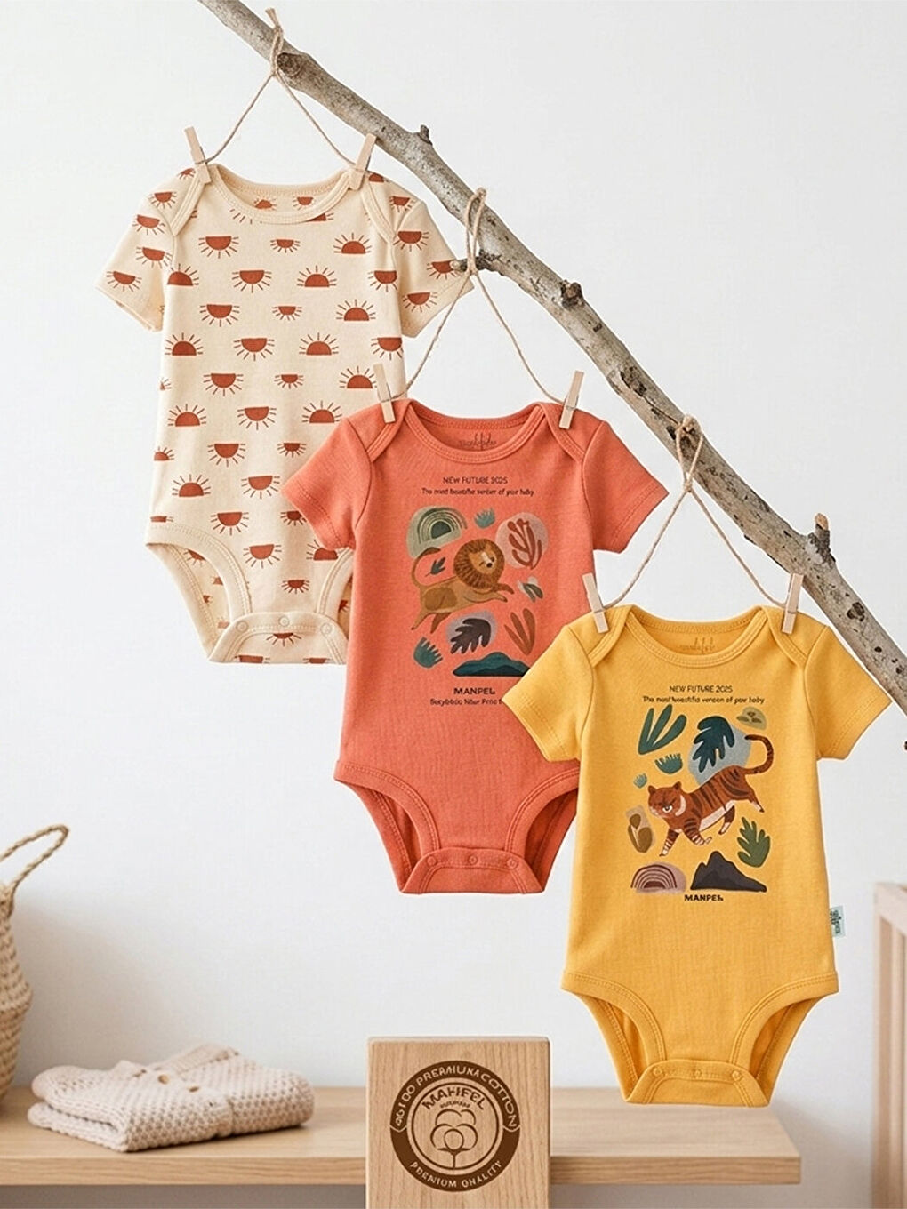 Kahverengi 3'lü %100 Pamuklu Organik Baskılı Kısa Kollu Çıtçıtlı Bebek Body Zıbın 750-788-1