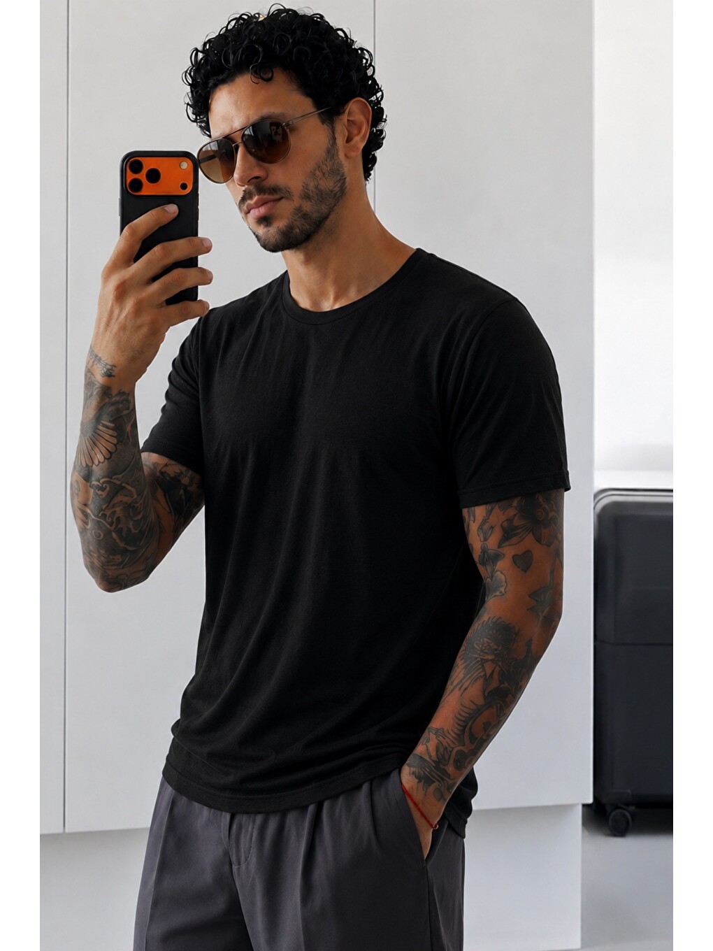 Siyah Erkek Flamlı Pamuklu Bisiklet Yaka Basic Slim Fit Tişört Yazlık Günlük Tişört-1