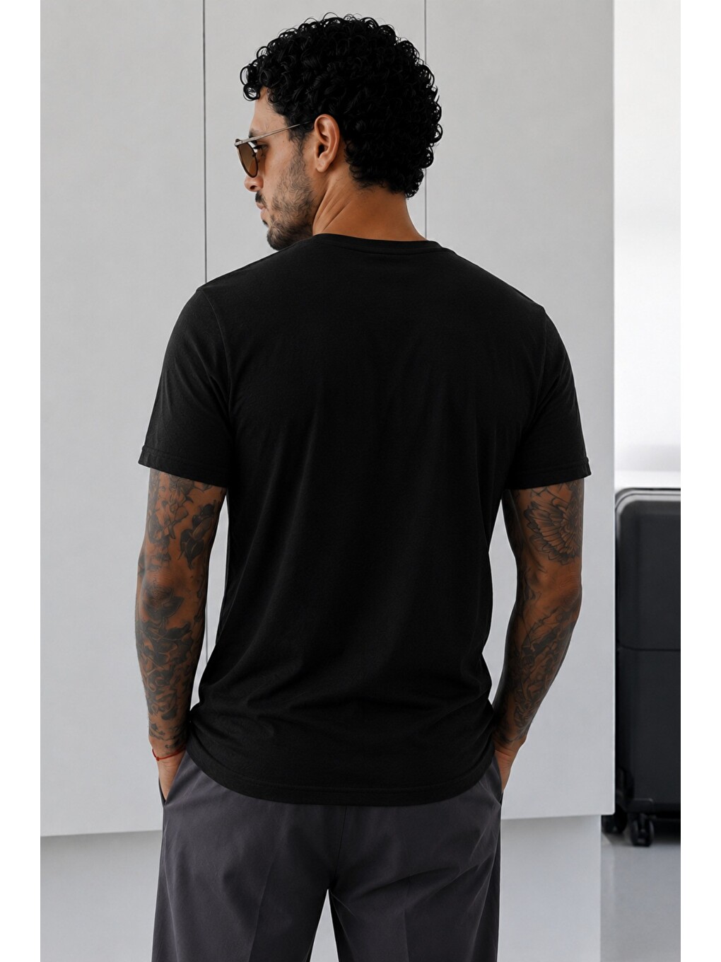 Siyah Erkek Flamlı Pamuklu Bisiklet Yaka Basic Slim Fit Tişört Yazlık Günlük Tişört-2