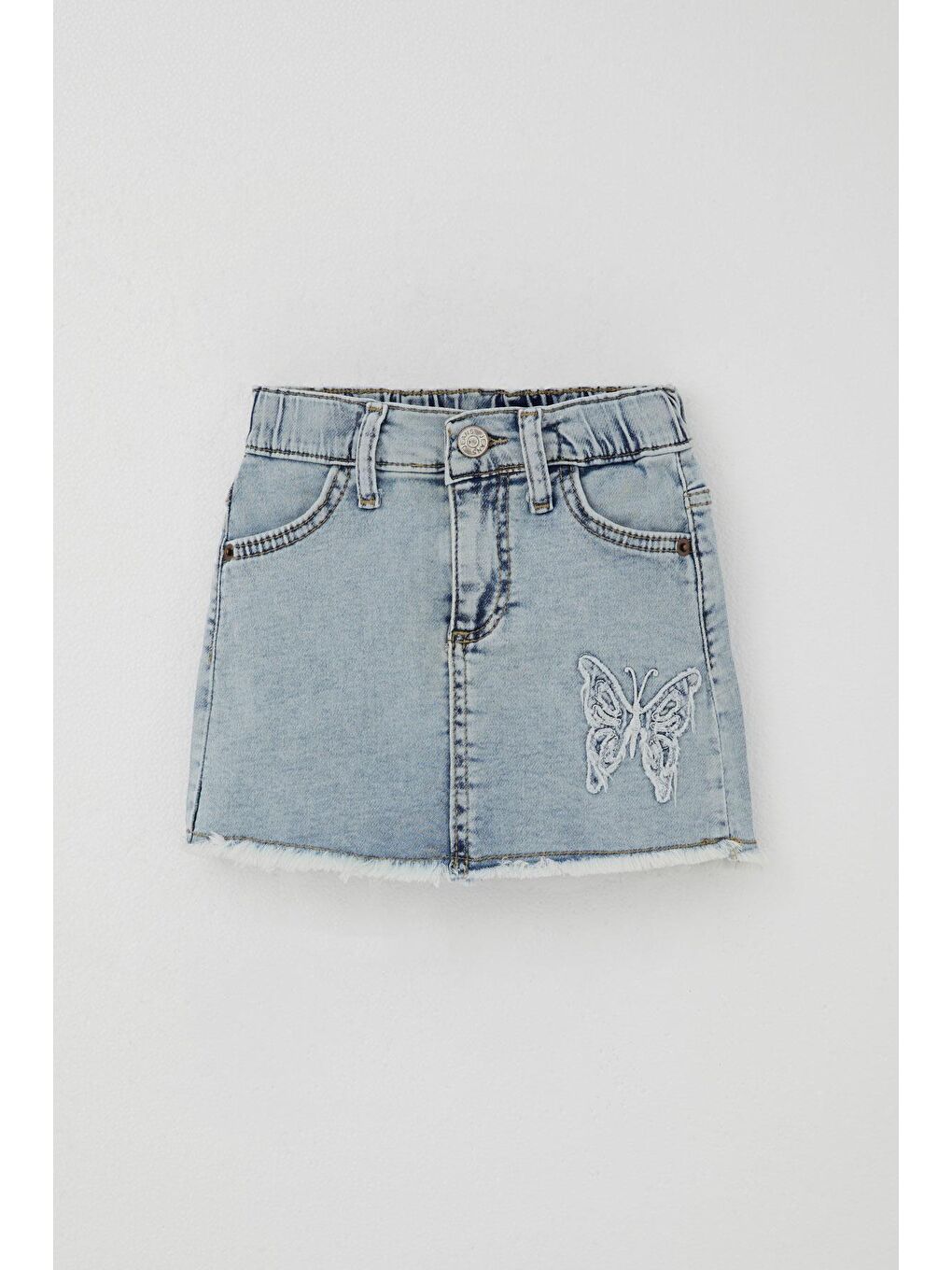 Kız Çocuk Jean Etek Kelebek Nakışlı Düğme Detaylı Açık Mavi (1.5-3 Yaş)
