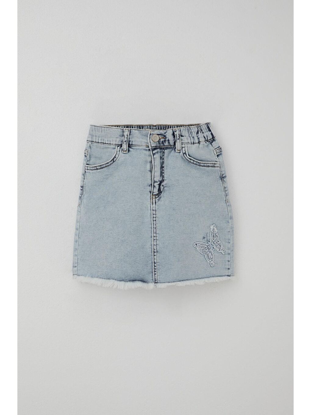Kız Çocuk Jean Etek Kelebek Nakışlı Düğme Detaylı Açık Mavi (6-10 Yaş)-3