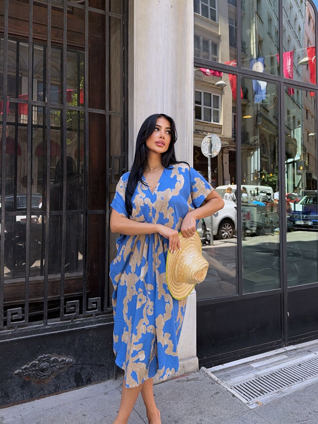 Panço Model Desenli Rahat Kalıp Viskon Elbise Mavi-4