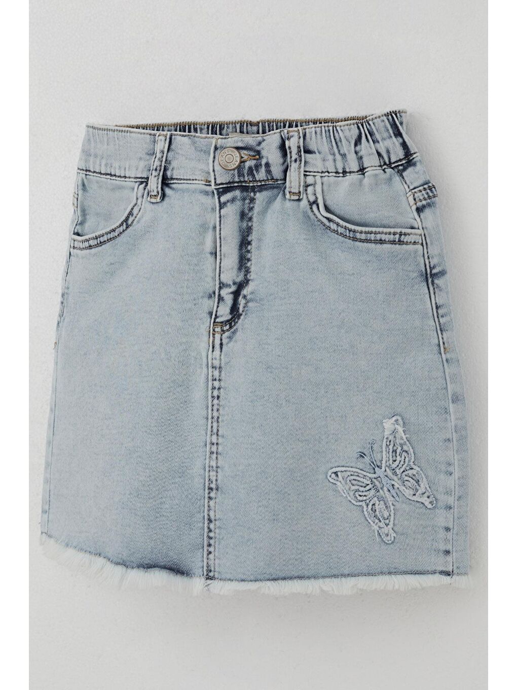Kız Çocuk Jean Etek Kelebek Nakışlı Düğme Detaylı Açık Mavi (6-10 Yaş)-5