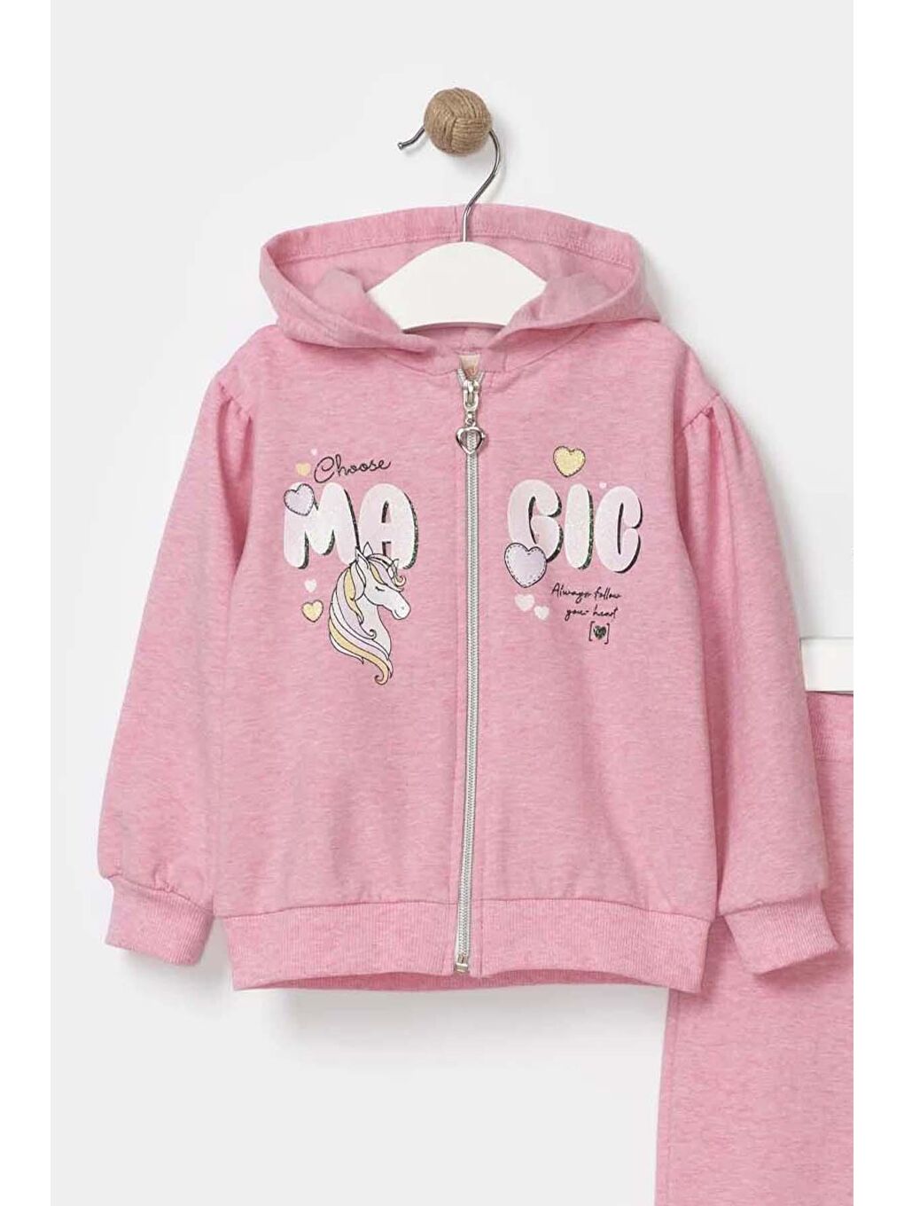 Kız Bebek Baskılı Kapüşonlu Fermuarlı 2'li Pembe Alt Üst Takım-1