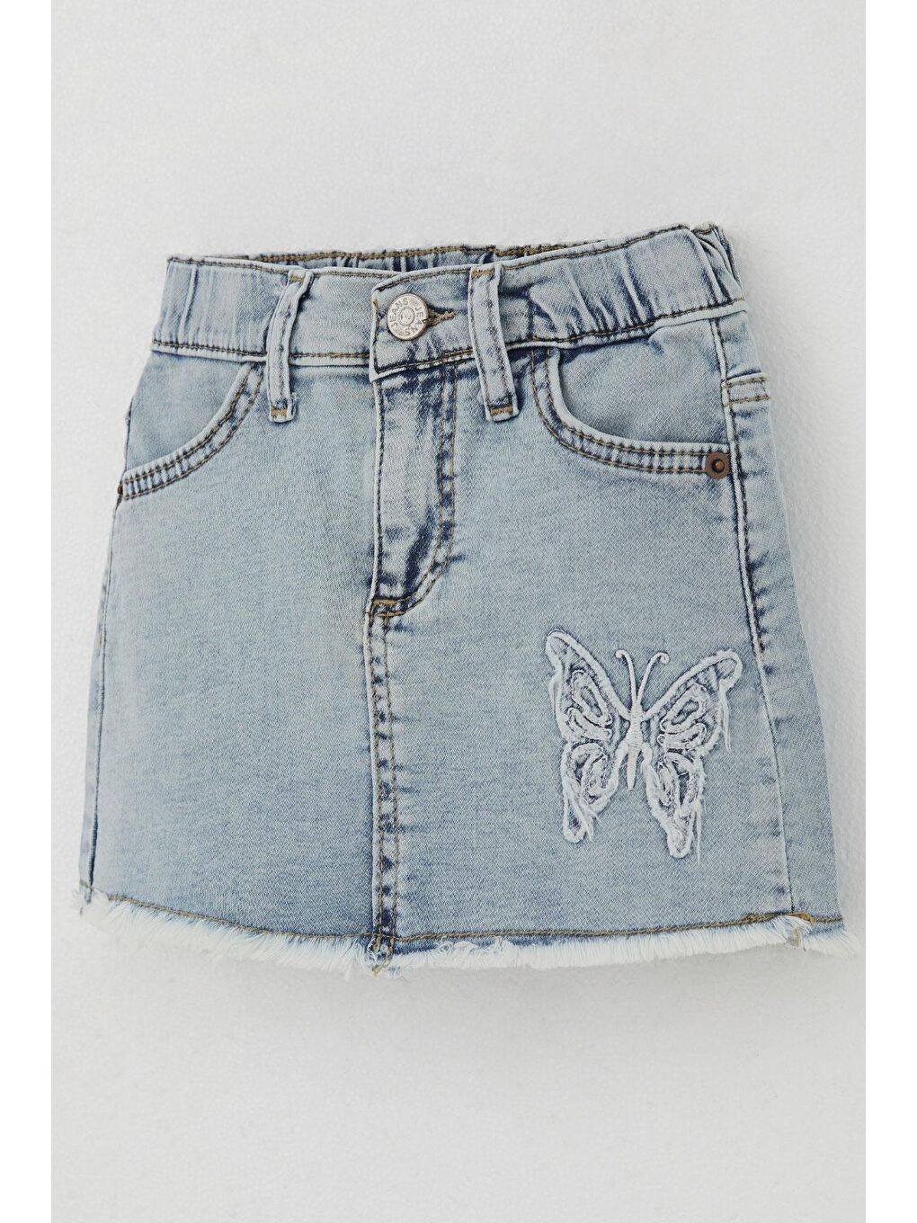 Kız Çocuk Jean Etek Kelebek Nakışlı Düğme Detaylı Açık Mavi (1.5-3 Yaş)-2