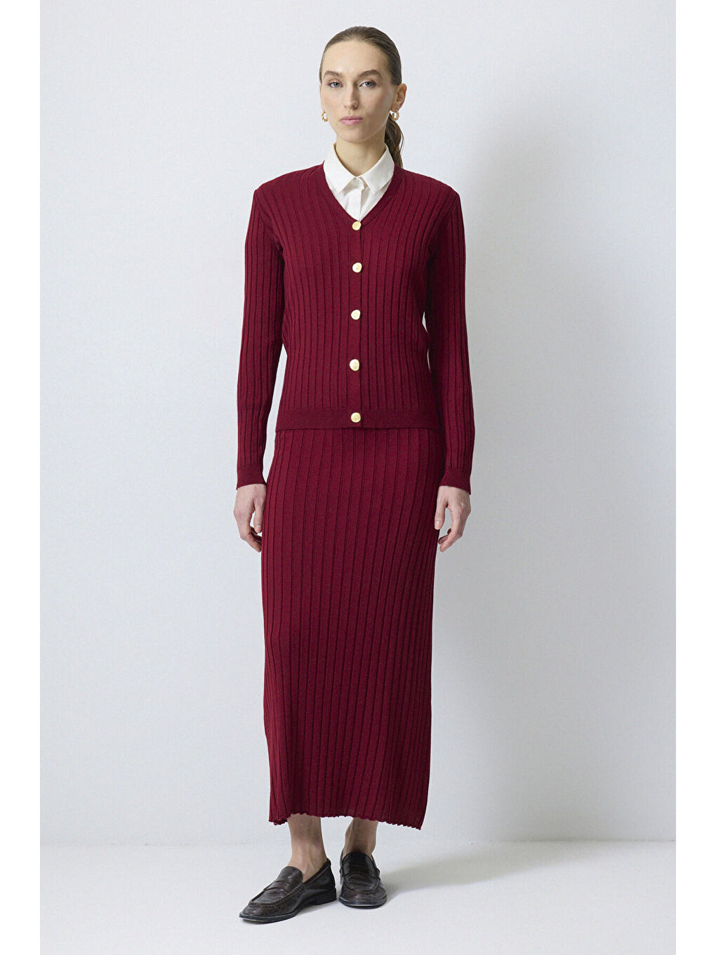 Bordo Hırka Etek Triko Takım