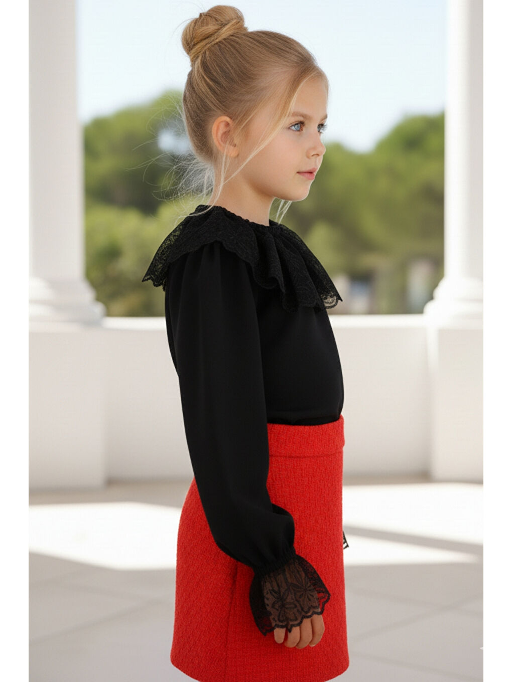 Kız Çocuk Siyah Dantel Detaylı Uzun Kollu Çıtçıtlı 23 Nisan Bluz Gömlek Body-2