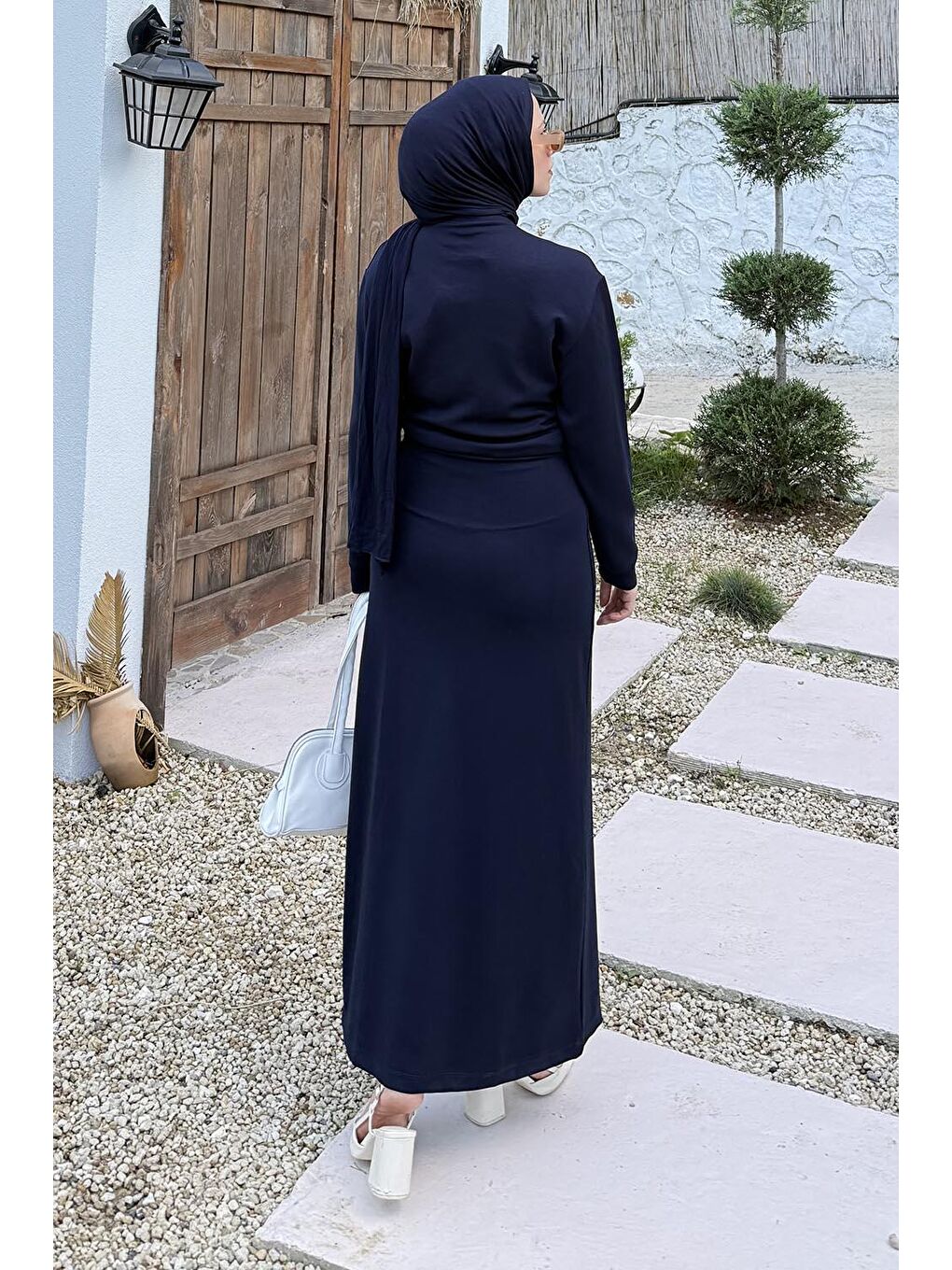 Büzgülü Tesettür Elbise Lacivert-3