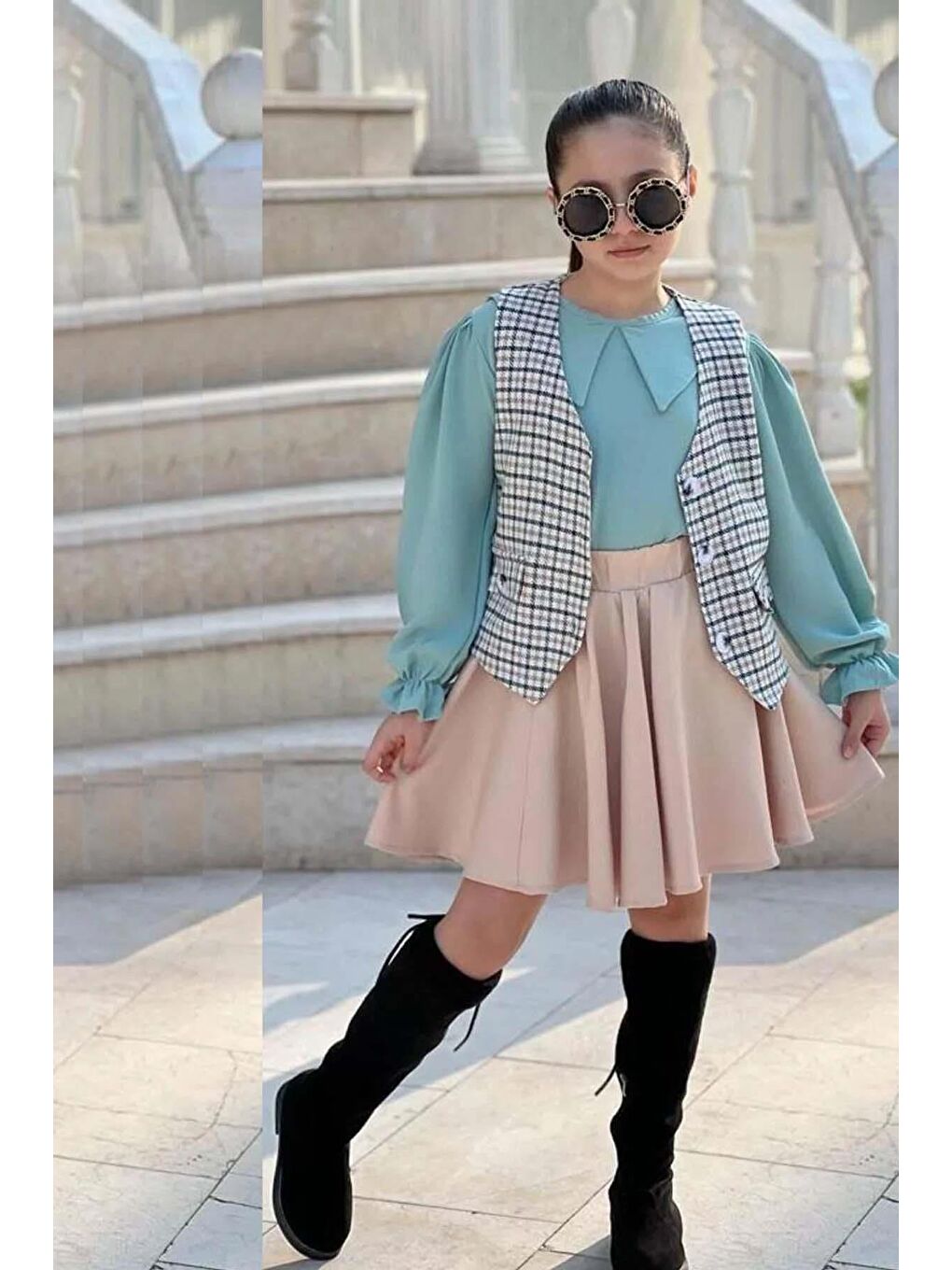 Kız Çocuk Bebe Yaka Bilekler Lastikli Yeşil Kazak Ekose Detay Cepken ve Penye Etekli Takım-2